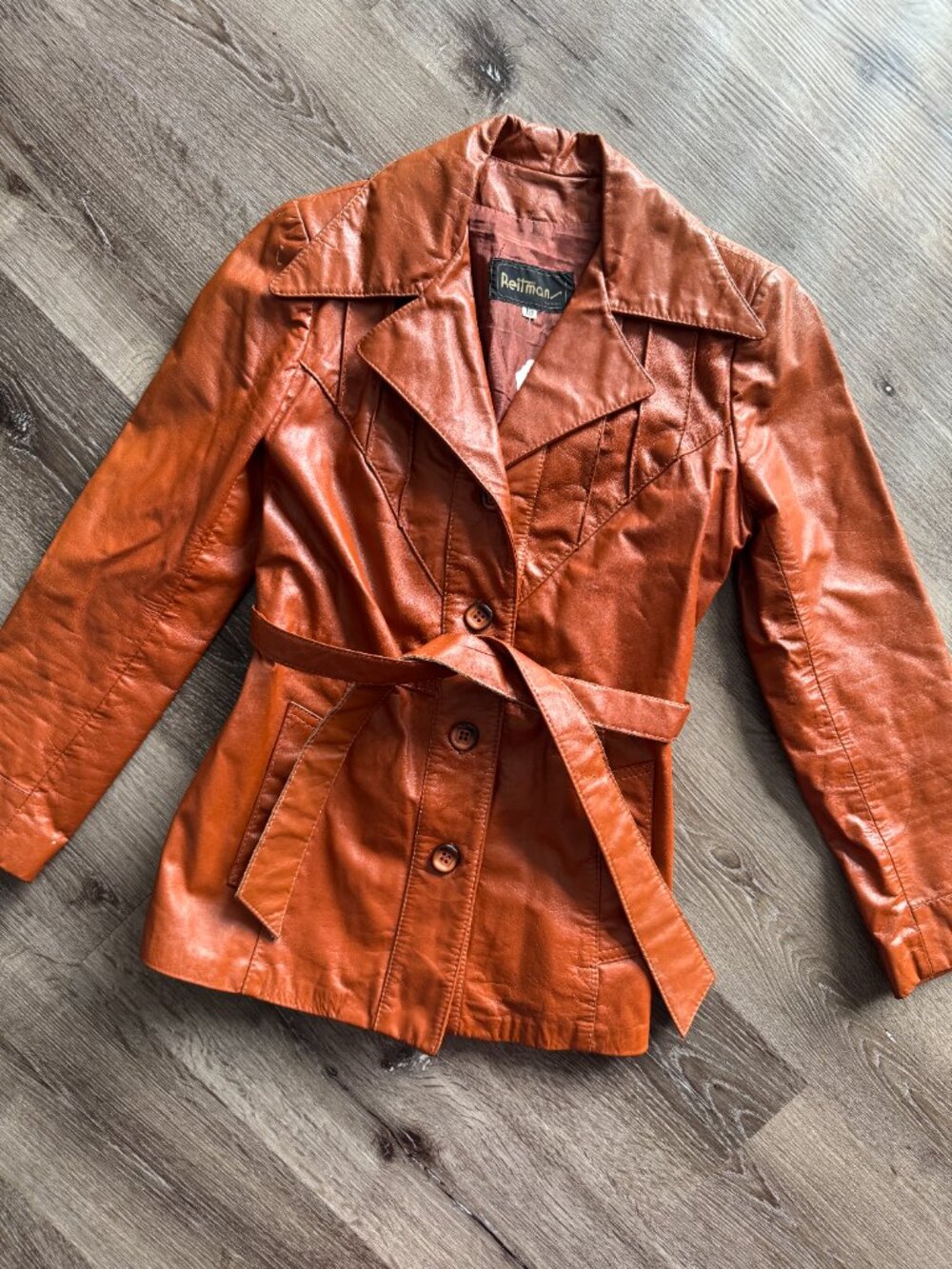 Vtg 70s Reitmans cognac leather western boho belted jacket / sz S